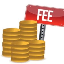 The image shows a stack of golden coins and a sign that says "fee".